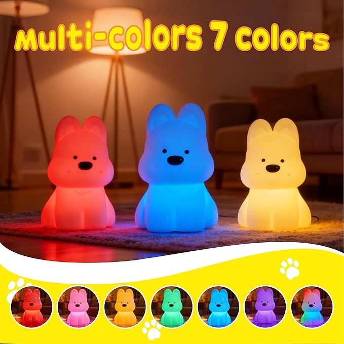 Dog Night Light for Kids: 16-Color Changing, Rechargeable LED Squishy lamp. Soft Silicone, dimmable. Perfect for Nursery, Dorm Decor & Gifts for Girls/Boys.