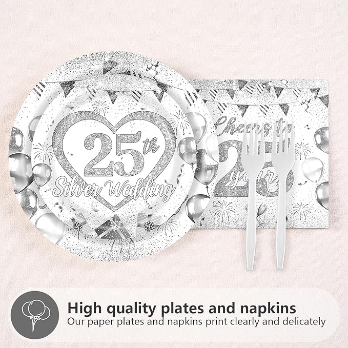 Grencian 96Pcs 25th Wedding Anniversary Decorations Cheer to 25 Years Party Plates and Napkins Silver Glitter Tableware for Couple Husband Wife Silver Wedding Anniversary Decorations Serves 24