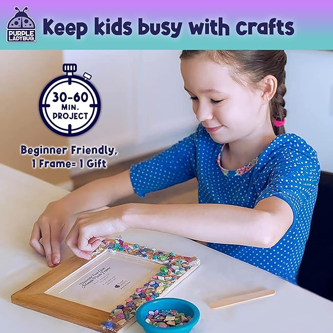 PURPLE LADYBUG DIY Mosaic Photo Frame Crafts for Girls 8-12 6-8 - Great Gift for Teens Tweens, Fun Craft Kit for Kids & Girl Birthday Gifts for 7 8 9 10 11 12 Years Old