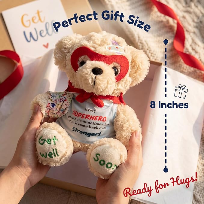 Broken Arm Gifts for Kids, Superhero Get Well Soon Bear with Switchable Cast (Fits Left or Right Arm), 8 Inch Stuffed Animal for Surgery Recovery, Broken Wrist, Tonsillectomy, Brave Boys & Girl