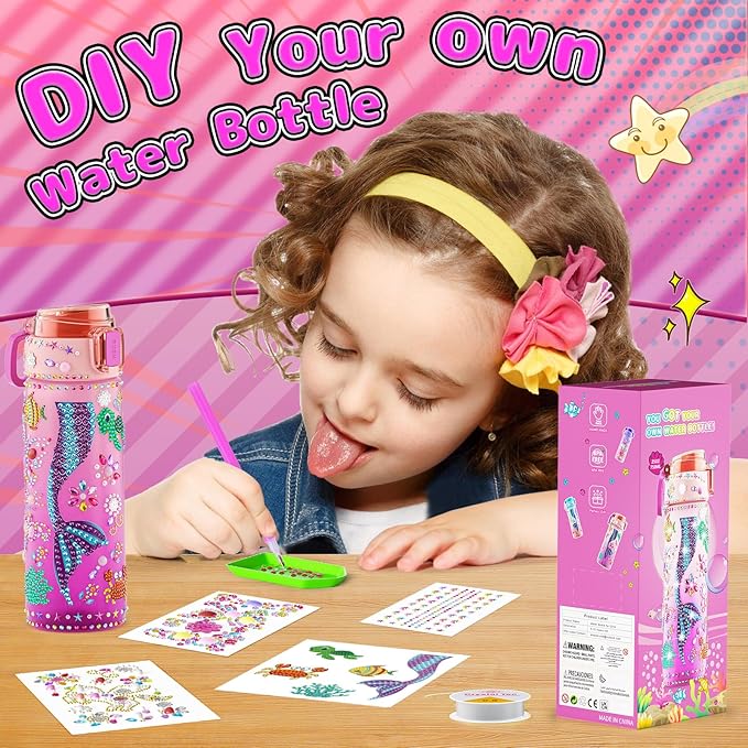 BOOH Decorate Your Own Water Bottle Kits for Girls, Mermaid Painting Diamond Art & Bracelet Making Kit for Girl, Crafts for Kids Ages 4-8, Birthday Christmas School Gifts (Mermaid)