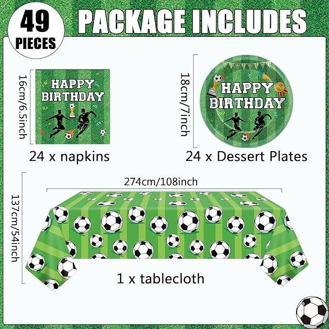 Soccer Party Supplies Serves 24 Soccer Birthday Decorations Party Paper Plates and Napkins Includes Plastic Sports Birthday Disposable Tablecloth Set Tableware for Sports Party Supplies for Boys Girls