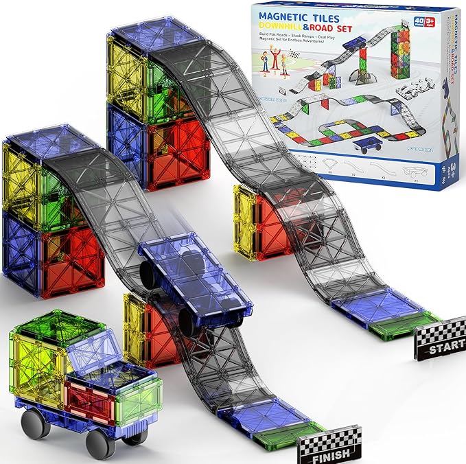 WMXDU 2-in-1 Dynamic Magnetic Downhill & Race Track Set - 40PCS Expandable Magnetic Tiles with Car for Creative STEM Play The Ultimate Travel Toy & Gift for Kids Ages 3-8 (40pcs-Race Set)