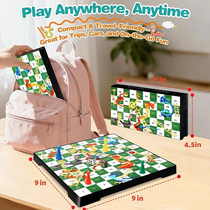 Magnetic Snakes and Ladders Board Game for Kids and Adults - 9" Compact Portable Travel Games with Pieces and Dice, Classic Foldable Family Game Set for 2-4 Players Ages 3 and Up