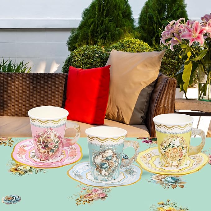 WorldBazaar Tea Party Supplies Floral Party Dinnerware 12 Set Paper Tea Cups and Saucers, Plates Napkins Tablecloth Birthday Table Decorations Girls Kids Adults Woman