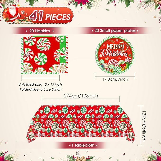 41 Pcs Peppermint Party Tableware Set Include Christmas Candy Cane Paper Plates Napkins and Plastic Tablecloth Red Green Christmas Candy Winter Party Decor for Holiday Xmas