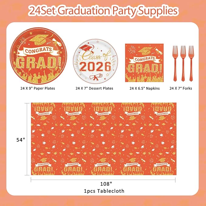 Graduation Plates and Napkins Party Supplies 2026 Graduation Decorations for 24,Orange Disposable Grad Plates Class of 2026 Dessert Plates Napkins,Tablecloth,Forks,for Congrats Grad Party Decorations