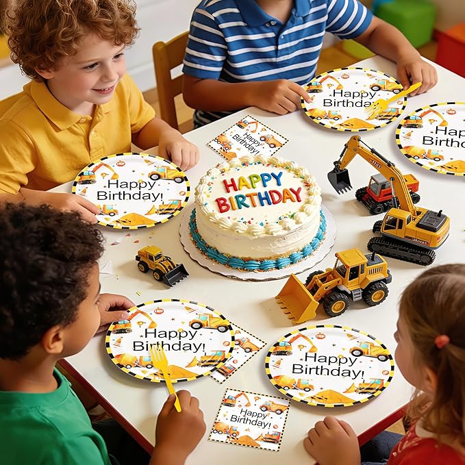 50 Pcs Construction Plates and Napkins Party Supplies, 9inch Construction Theme Plates, Disposable Dump Truck Plates and Napkins Tableware Set for Kids Boys Birthday Party Decorations, 25 Guests
