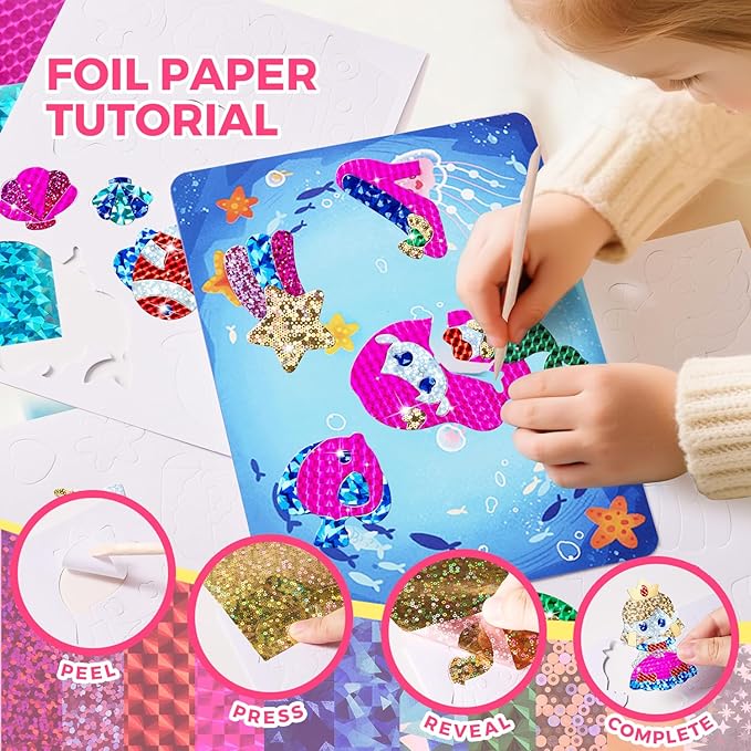 Jar Melo 3 in 1 Foil Craft Kit for Kids, DIY Foil Stickers Art Supplies, 3D Puzzle Unicorn Toys for Girl, Princess Magnetic Dress-Up Kits, Creative Travel Activity, Birthday Gifts for Girls 4-10