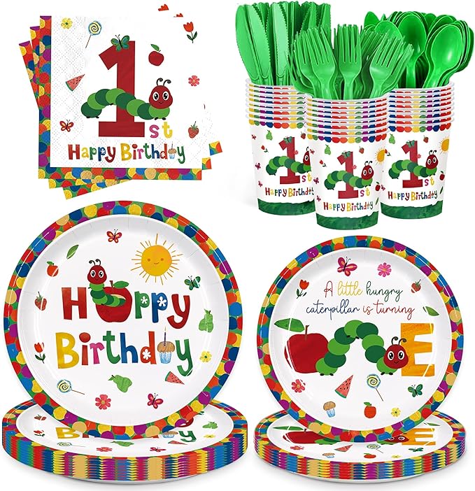 168Pcs Caterpillar 1st Birthday Party Supplies Green Insect Plates Napkins Disposable Tableware Set Hungry Bug Party Decoration for Kids Birthday Baby Shower Serve 24