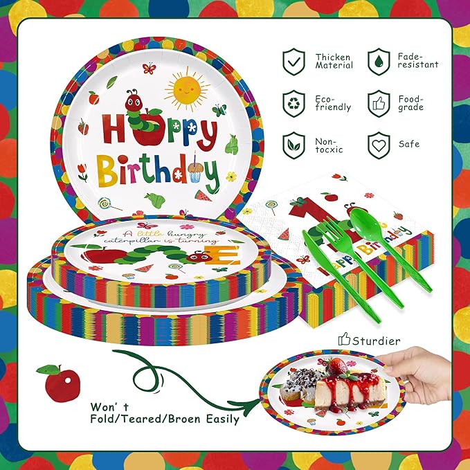 168Pcs Caterpillar 1st Birthday Party Supplies Green Insect Plates Napkins Disposable Tableware Set Hungry Bug Party Decoration for Kids Birthday Baby Shower Serve 24