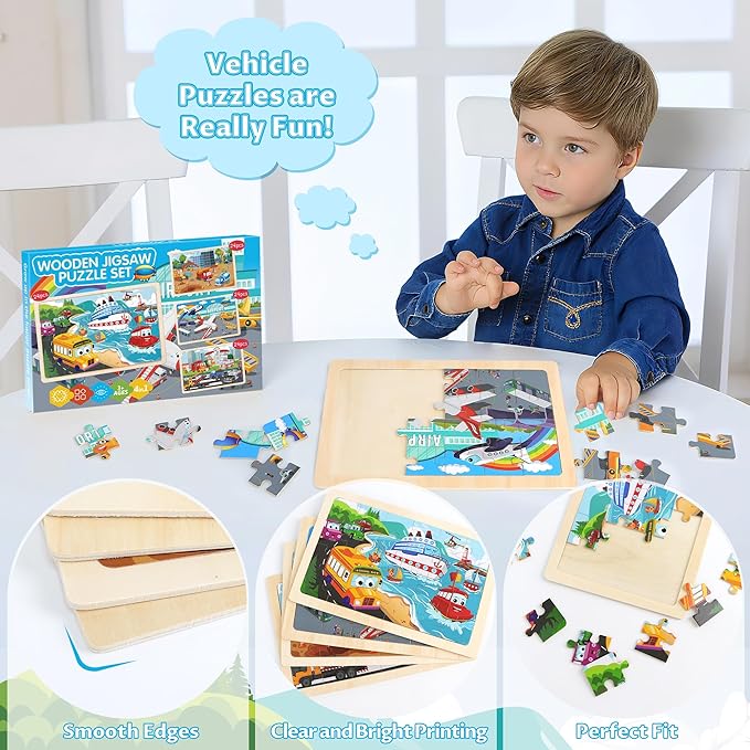 Wooden Puzzles for Kids Ages 3-5, 4 Packs Puzzles for Kids Ages 4-6, 24-Piece Truck Vehicle Wood Jigsaw Puzzles for Toddlers 3-5,Preschool Educational Toys Gifts for Children Ages 4-8 Boys (Vehicle)