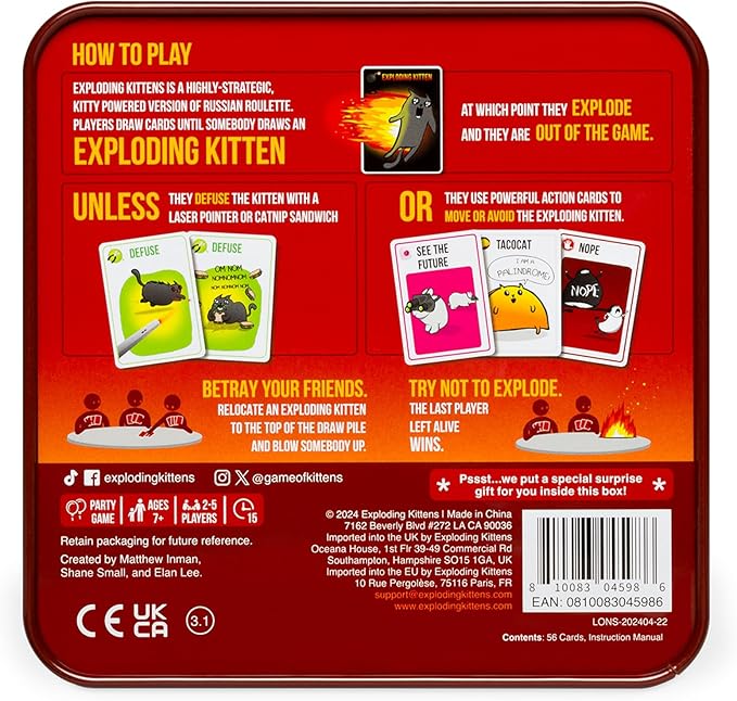Exploding Kittens Original Edition in Collectible Tin - Fun & Hilarious Card Game for Kids and Adults, Ideal for Party Family Game Night and Party, 56 Cards Included