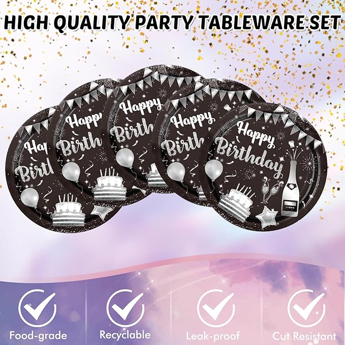 41PCS Black and Silver Birthday Decorations Happy Birthday Disposable Tableware Decor Plates Napkins Tableclot Set for Men Women Service20