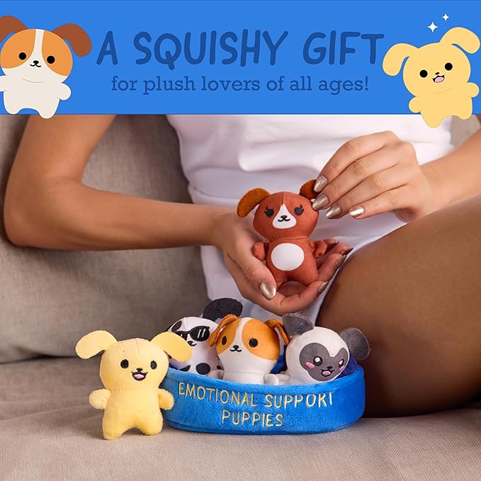 Emotional Support Puppies by Relatable, Cuddly Stuffed Animals and Plushies Set, Small Gifts for Mom, Includes 5 Puppies Plush Toys with Carrying Basket, for Mom