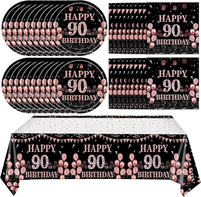 41Pcs 90th Birthday Decorations for Women, Vintage 90 Birthday Black and Rose Gold Disposable Paper Plates and Napkins Party Supplies for 20 Guests, 41Pcs Include 7" Plates Napkins and Tablecloth