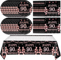 41Pcs 90th Birthday Decorations for Women, Vintage 90 Birthday Black and Rose Gold Disposable Paper Plates and Napkins Party Supplies for 20 Guests, 41Pcs Include 7" Plates Napkins and Tablecloth