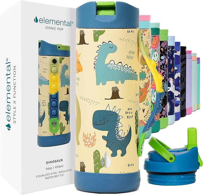 Elemental Iconic Kids Water Bottle for School - 100% Leak-Proof Insulated Water Bottles with Straw Lid & Pop-It Handle for Boys & Girls - Triple-Wall Insulated & BPA-Free, 14oz – Dinosaur