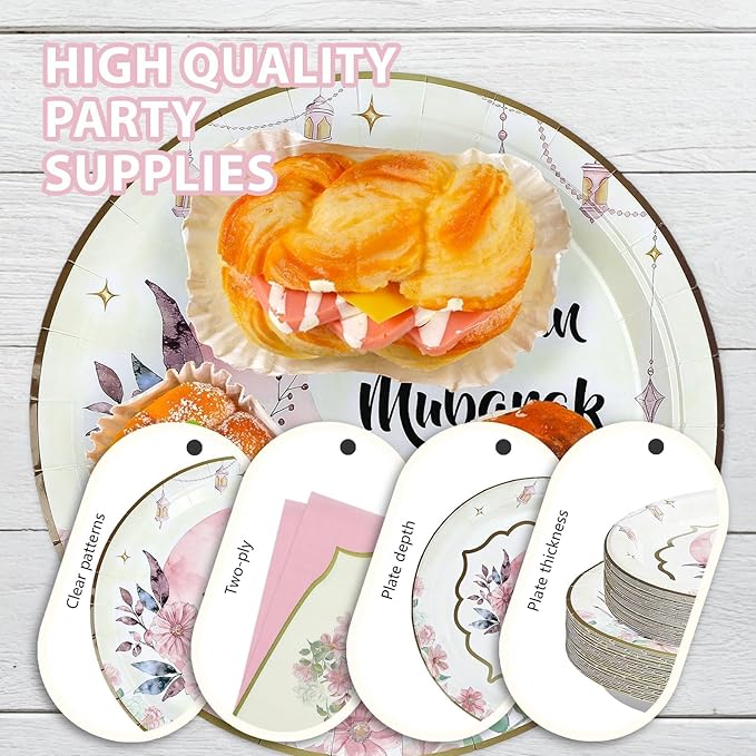 168Pcs Eid Ramadan Decorations for Home Pink Watercolor Flower Lantern Moon Plates and Napkins Cups Islamic Mubarak Decor Tableware Set for Eid al-Fitr al-Adha Festival Home Party Supplies Serves 24