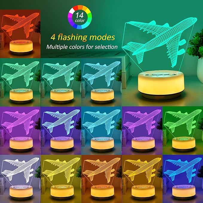 Airplane Gifts Night Light for Kids，Plane Decor Bedside Lamp for Bedroom，Aircrafts Night Light with 14 Color & Remote + Dim Function + Timer (1H/3H/6H)，Aviation Gift Birthday Gifts for Boys & Girls