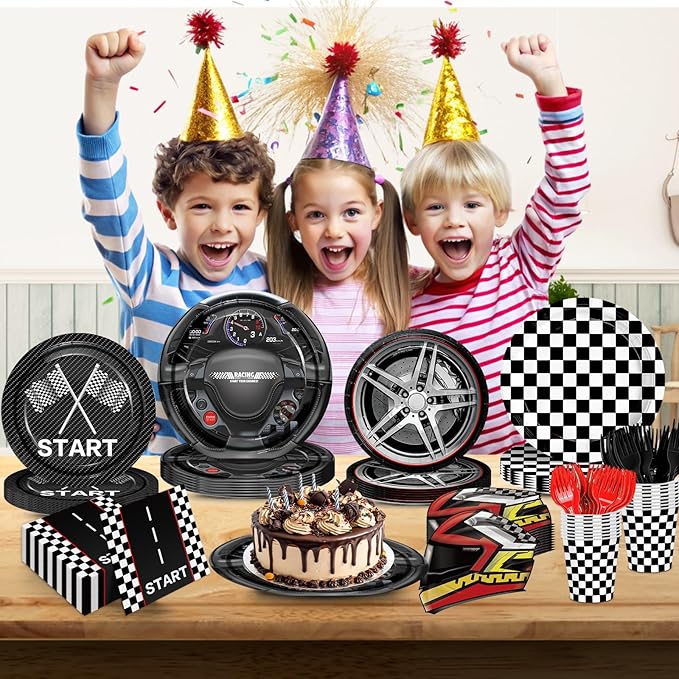 144pcs Race Car Plates Napkins Party Supplies Racing Themed Paper Cups Race Car Birthday Party Decorations Racing Tableware Set for kids Boys Birthday Decor Serves 24
