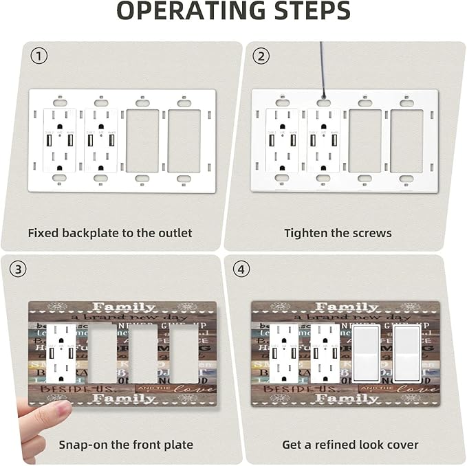 Country Farm Family Quote Wood 4 Gang Quad Rocker/GFCI/Decorator Light Switch Cover Plate Decorative Electric Faceplate Decorative Switchplate Screwless