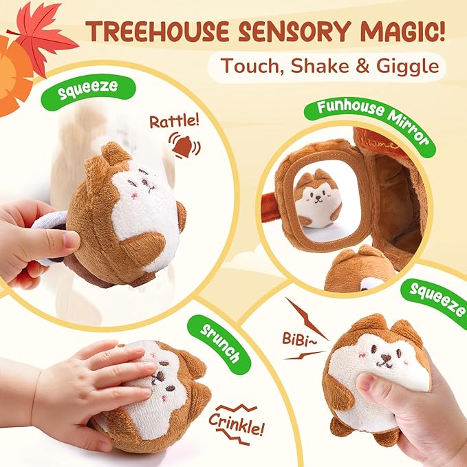 JoyCat Baby Toys 6-12 Months - Soft Baby Treehouse with 5 Sensory Squirrels - Rattle, Crinkle Paper, Squeaker, Mirror, Busy Montessori Soft Toys for Toddlers 0-3 Years Old - Easter Basket Stuffers