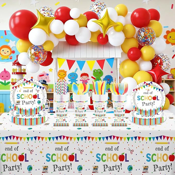 MEHOFOND End of School Party Decorations Tableware Set 193 Pcs, School Out Graduation Disposable Plates Cups Napkins Cutlery with Plastic Tablecloth for Kids Classroom Graduation Party