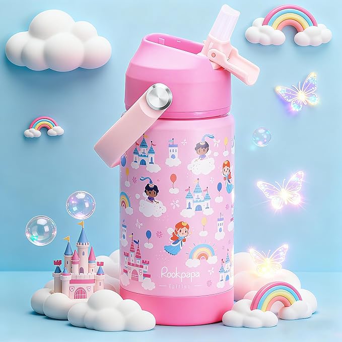 rockpapa 14 oz Kids Insulated Water Bottle，Stainless Steel Toddler Cups with Straws, BPA Free, Leak-Proof, Kids Water Bottle for School Boys& Girls (Pink Fairies)