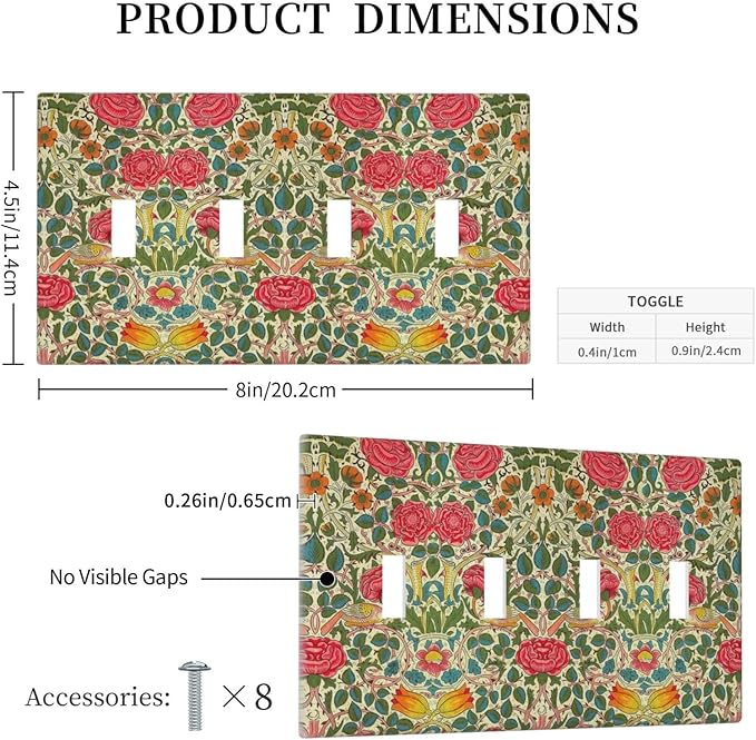 William Morris Roses Floral Quad Toggle Light Switch Cover VintageTulip Flower Plant Bird 4 Gang Wall Plate Decorative Electrical Switchplates Covers for Bedroom Living Room Decor