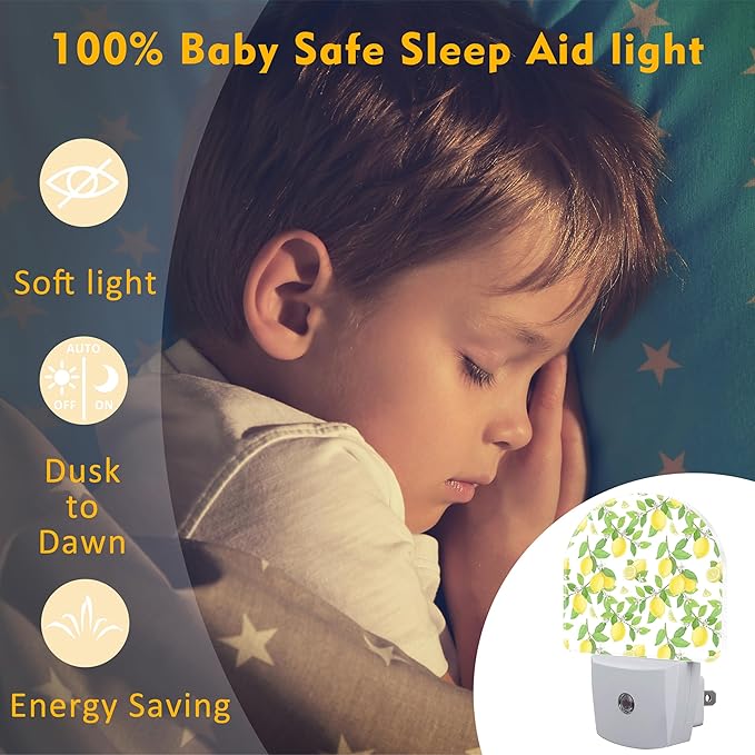 Lemon and Flowers Night Light for Kids,Lemon Fruits and Floral Tree Plug in Night Light with Dusk to Dawn Sensor, 0.5w Energy Saving Nightlight for Hallway Stairway Kitchen Bedroom