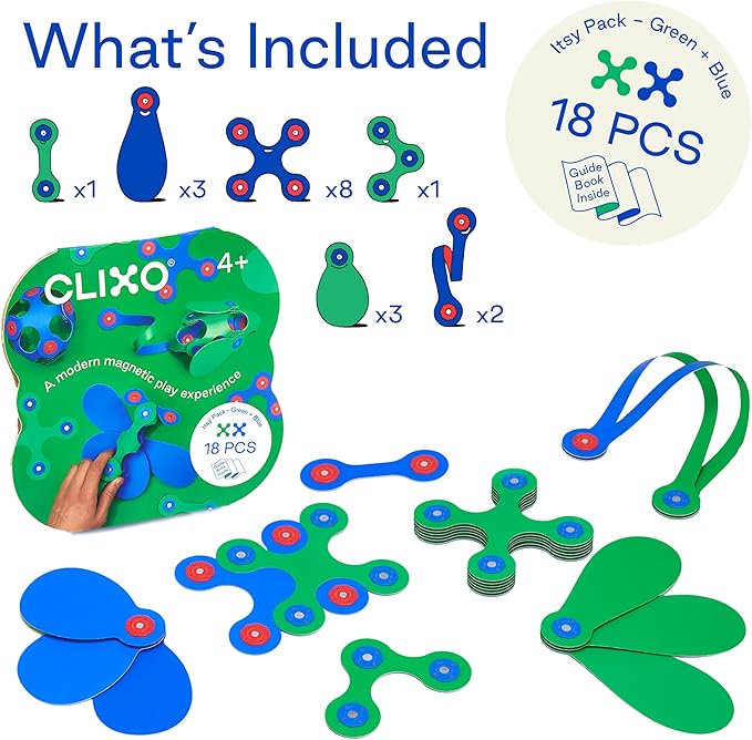 Clixo Itsy Magnetic Toy for Kids - Flexible, Durable, Imagination-Boosting Magnet Building Toy. Educational Multi-Sensory STEM Experience. Great as a Travel Game. Ages 4-99. 18 Piece Pack