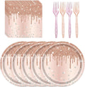 72 Pcs Rose Glitter Paper Plates 7in Disposable Dinner Plates Napkins and Forks Party Tableware Set Decoration Supplies for Girls Birthday Bridal Shower Wedding Ceremonies Anniversary Party, Serve 24