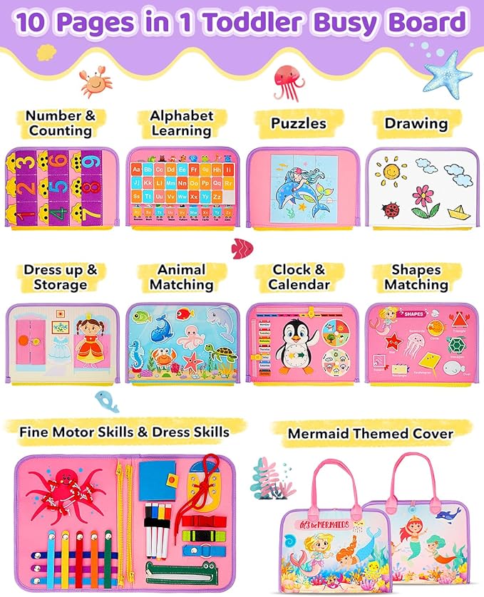 SaFeli Toddler Busy Board, Montessori Toys for Toddler Girl Birthday Gifts, Learning Toys Sensory Busy Book Toys for Toddlers, Travel Educational Book for Airplane Car | Birthday Gift for Girls, Pink
