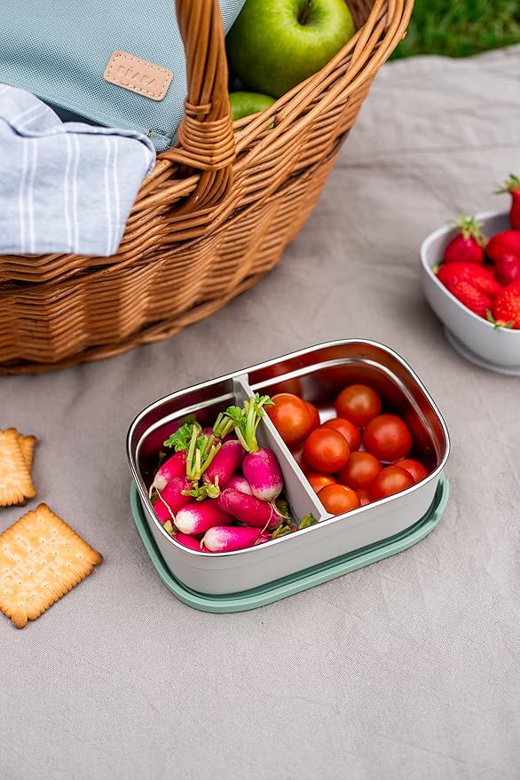 Beaba Stainless Steel Lunch Box, Kids Lunch Box with Silicone Lid, Bento Style Food Containers, Removable Silicone Dividers Make 1-3 Compartments, Sage
