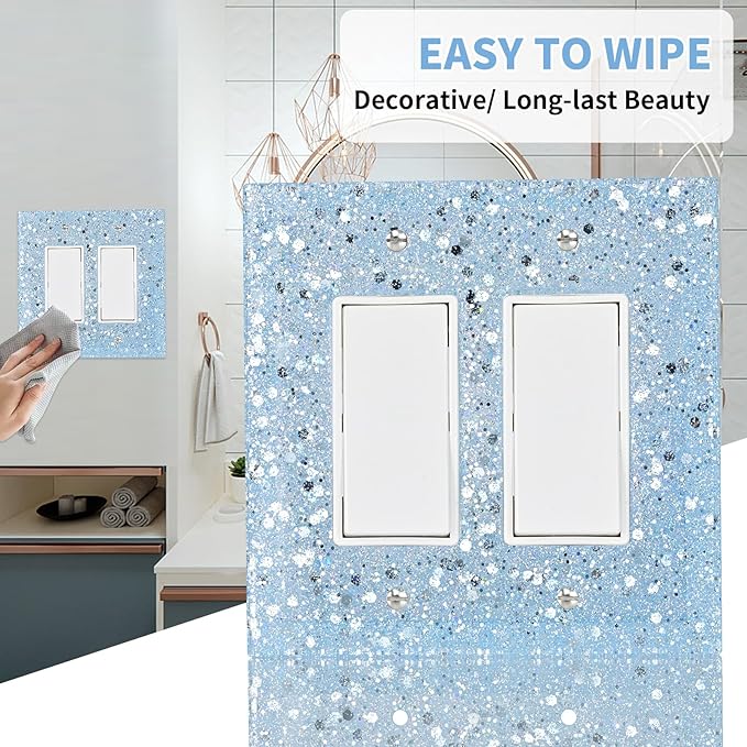 2-Gang Light Switch Cover Plate - Shiny Blue Mirror Finish,5.1"x5.1",Sparkling Design for Outlet or Double Rocker Switch