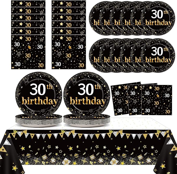 30th Birthday Party Supplies Serves 24 Black and Gold 30 Years Old Birthday Party Decorations Paper Plates Napkins Cheers to 30 Years Tablecloth Set Vintage 1996 Tableware Favors Kit for Men or Women