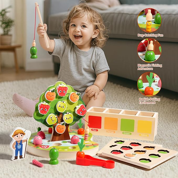 INIFEIDALA Montessori Toys for 2 3 4 Year Olds | Birthday Gifts for Boys & Girls, Wooden Educational Toddler Toys, Shape Sorting, Carrot Harvest & Magnetic Fishing Game – Fine Motor Skills Development