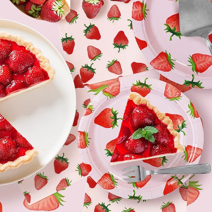 Strawberry Party Tableware Set,Strawberry Birthday Decoration,Summer Fruit Party Supplies Paper Plates Napkins Tablecloth for 25 Guests Great for Birthday Summer Fruit 1st