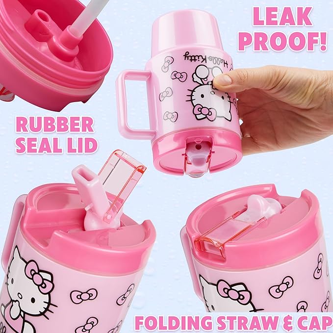 Get Trend Hello Kitty Sanrio Kids Water Bottle with Straw 16.9 oz BPA Free Leakproof Plastic Cup with Lid Handle Kawaii Tumbler Gifts for Kids (Pink Hello Kitty)