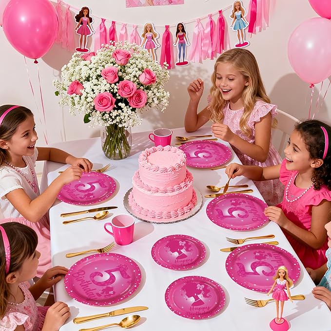 96Pcs Pink 5th Birthday Party Decorations 5 Years Old Hot Pink Plates and Napkins Princess Doll Girl Tableware Sets for Kids Girls Baby Shower Happy 5th Birthday Party Supplies Serves 24