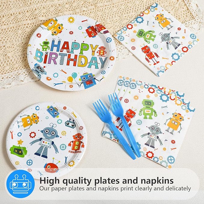 Grencian 96Pcs Robot Birthday Party Supplies Robot Themed Plates and Napkins Disposable Tableware Set for Boys Kids Birthday Party Baby Shower Decorations Serves 24