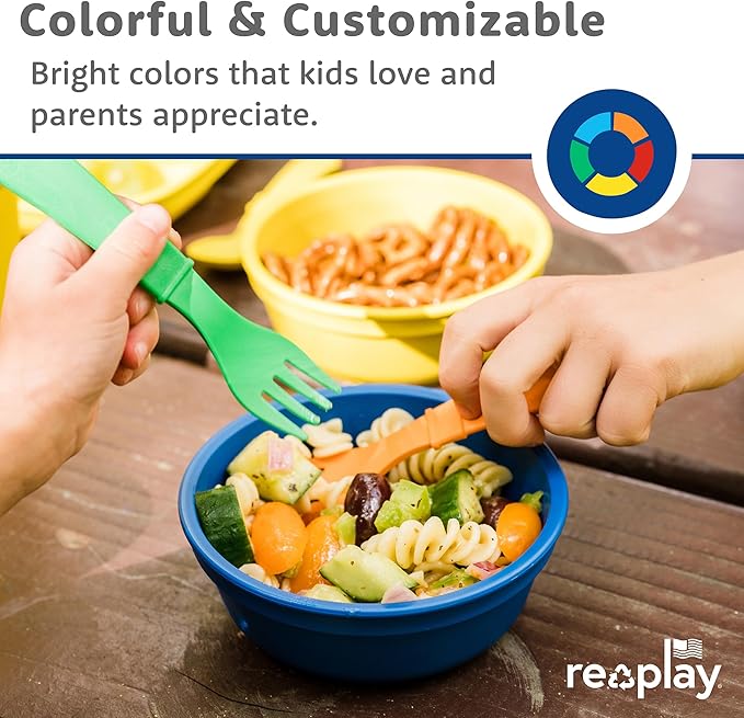 Re-Play 3 Divided Toddler Plates, 3 Utensils Set and 3 Wide Base Bowls - Dishwasher and Microwave Safe - Made in USA - Bluesy
