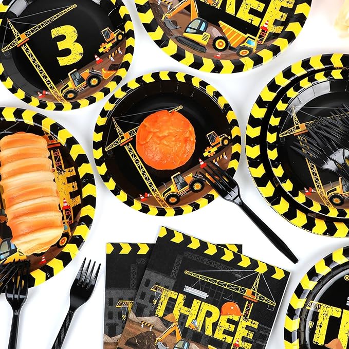 100 Pcs Construction Plates and Napkins Set 3rd Birthday Party Decorations Dump Truck Themed Party Favors for 25 People