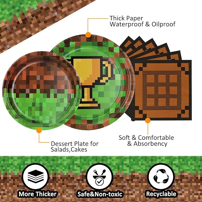 Pixel Party Paper Plates and Napkins Supplies - Serves 25 - 9" & 7" Paper Plates Napkins Forks Tablecloth - for Baby Shower Video Game Pixelated Themed Birthday Supplies