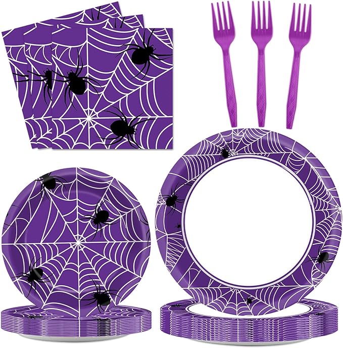 Qyeahkj 100 Pcs Halloween Birthday Party Supplies Paper Plates and Napkins Set Disposable Spider Web Tableware Decorations for Halloween Theme Baby Shower Serves 25