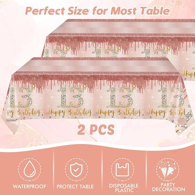 13th Birthday Party Decorations for Girls, Rose Gold Birthday Supplies Include 20Pcs Dinner Plates, 20Pcs Dessert Plates, 20Pieces Napkins and 2 Tablecloth, Sweet Thirteen Party Tableware
