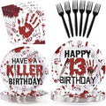 Grencian 96Pcs Killer Happy 13th Birthday Party Supplies Red and Black Bloody Hand Themed Paper Plates and Napkins Horror Tableware for Boy Girl 13th Stranger Birthday Party Decorations Serve 24
