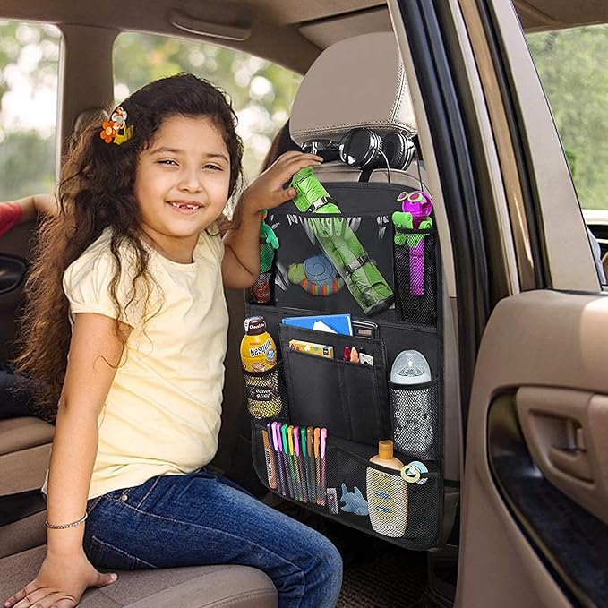 ULEEKA Car Backseat Organizer with 10" Table Holder, 9 Storage Pockets Seat Back Protectors Kick Mats for Kids Toddlers, Travel Accessories, 2 Pack