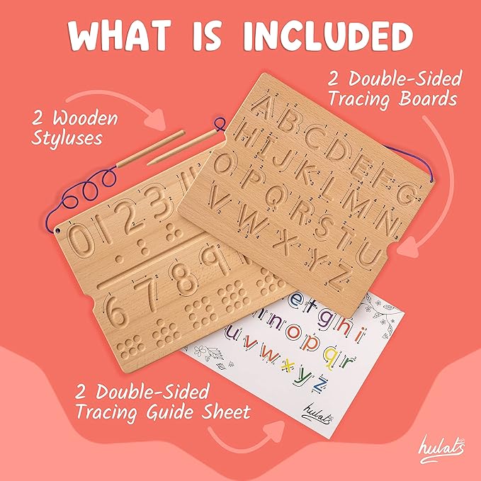 Hulats Learn to Write - Number & Letter Tracing Boards with Direction Arrows - Wooden Alphabet Learning Montessori Toys 4+ Year Old Toddler Writing Tools Beginner Preschool Classroom Must Haves